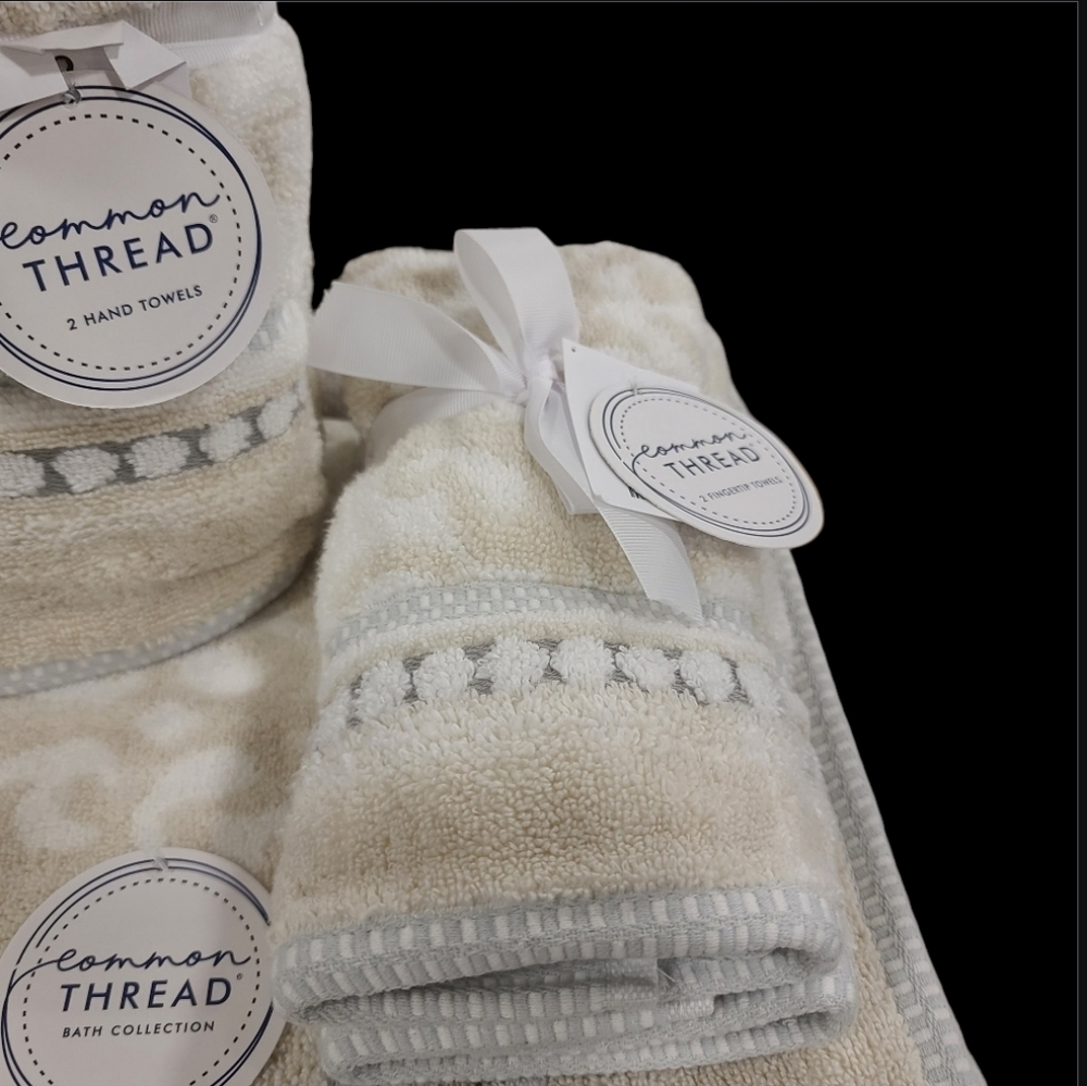Common Thread 6pc Damask Bath Hand Tip Towel Set Tan Gray Zero Twist Cotton New - Picture 3 of 9